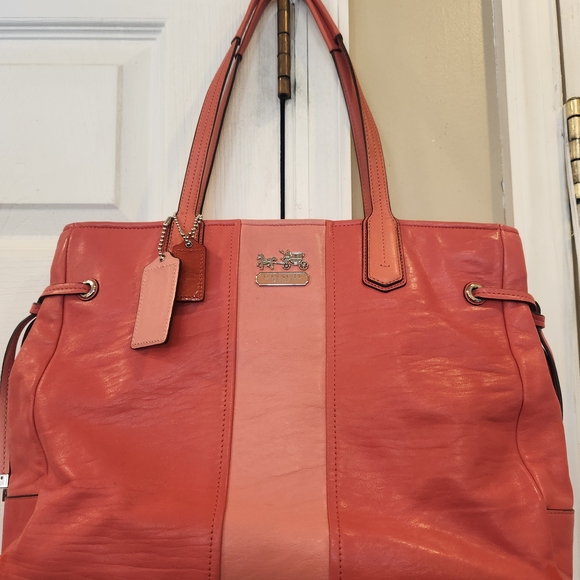 Coach Handbags - Coach Dark Peach And Light Melon Striped Leather Tote Bag GUC